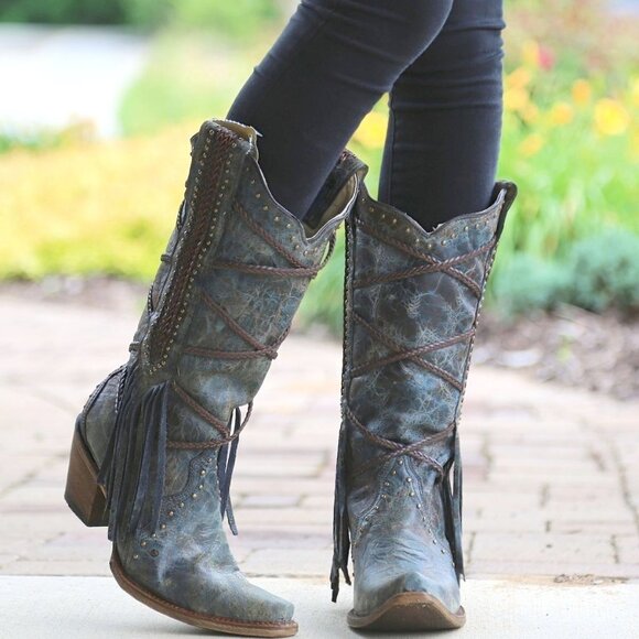 CORRAL Snip Toe Cowgirl Boots! Blue*Gray*Brn* Distressed Braiding*Studs*Fringe 7 - Picture 1 of 10
